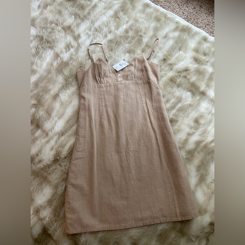 Tan lace trim mini dress